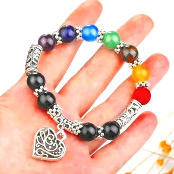 SOLD--Fashion colorful Chakra bead bracelet w/filigree silver heart - Picture 7 of 7